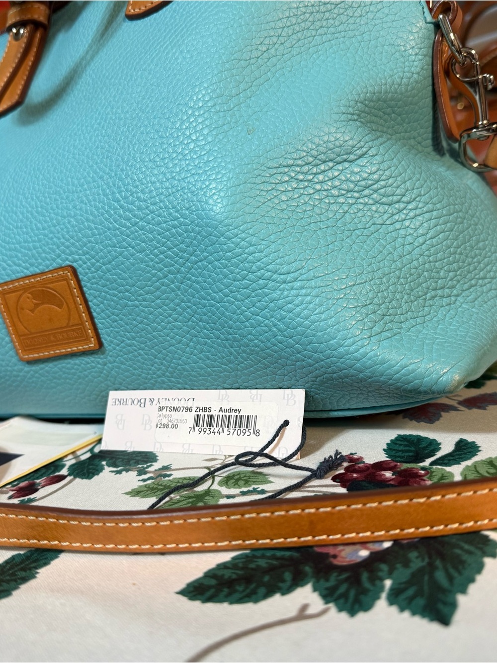 Dooney & Bourke Turquoise (Calypso) Audrey Pebbled Leather Satchel with Tan Trim - Picture 3 of 11